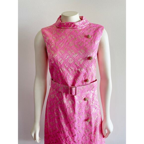 Richard Kaplan 1960s Pink Gold Metallic Thread Belted Vintage Shift Dress Sz 10 - Picture 3 of 16